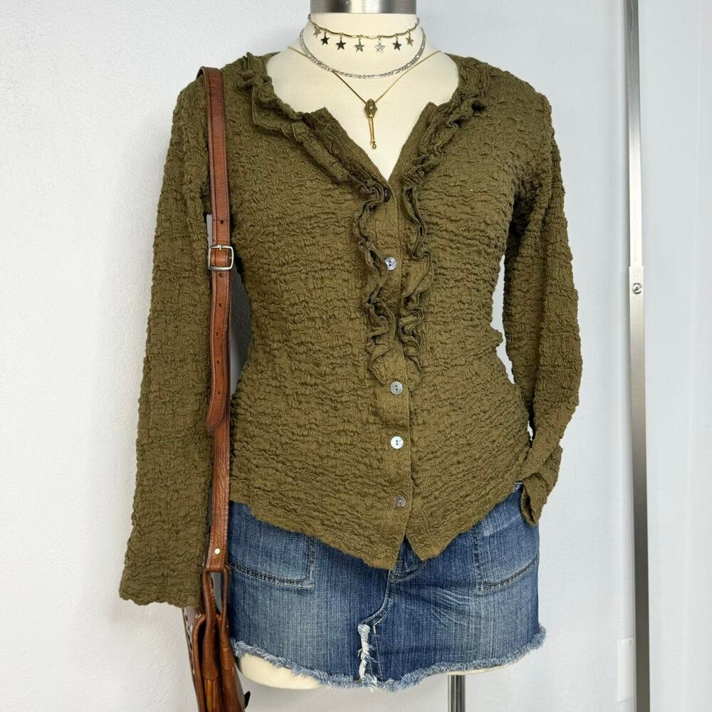 Y2K fairy grunge olive green crinkle ruffle button top by Nomadic Traders